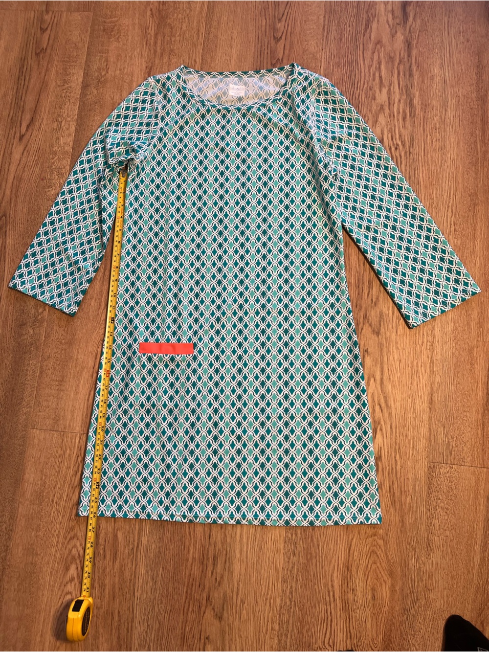 Cabana Life Teal and White Geometric Long-Sleeve Dress with Orange Pocket Trim - Picture 4 of 4